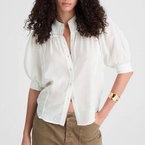 Madewell Top Womens 6 White Embroidered Puff Sleeve‎ Band Collar Sheer Blouse